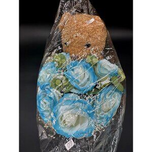 Teddy Bear with Blue Rose Flower Basket Gift Wrapped – Valentine Birthday Decor
